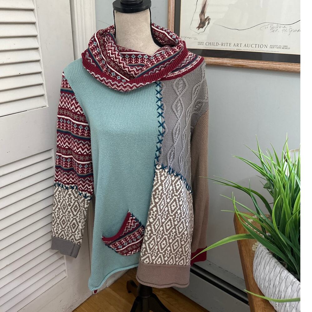 Coldwater Creek Sweater Womens XL Blue Brown Patchwork Cowl Neck Granola Boho